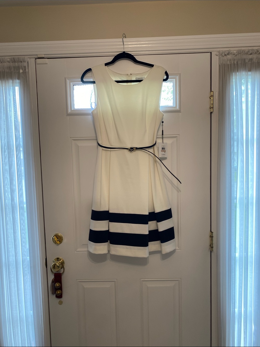 Calvin Klein White Sleeveless Fit-and-Flare Dress with Black Stripes and Belt
